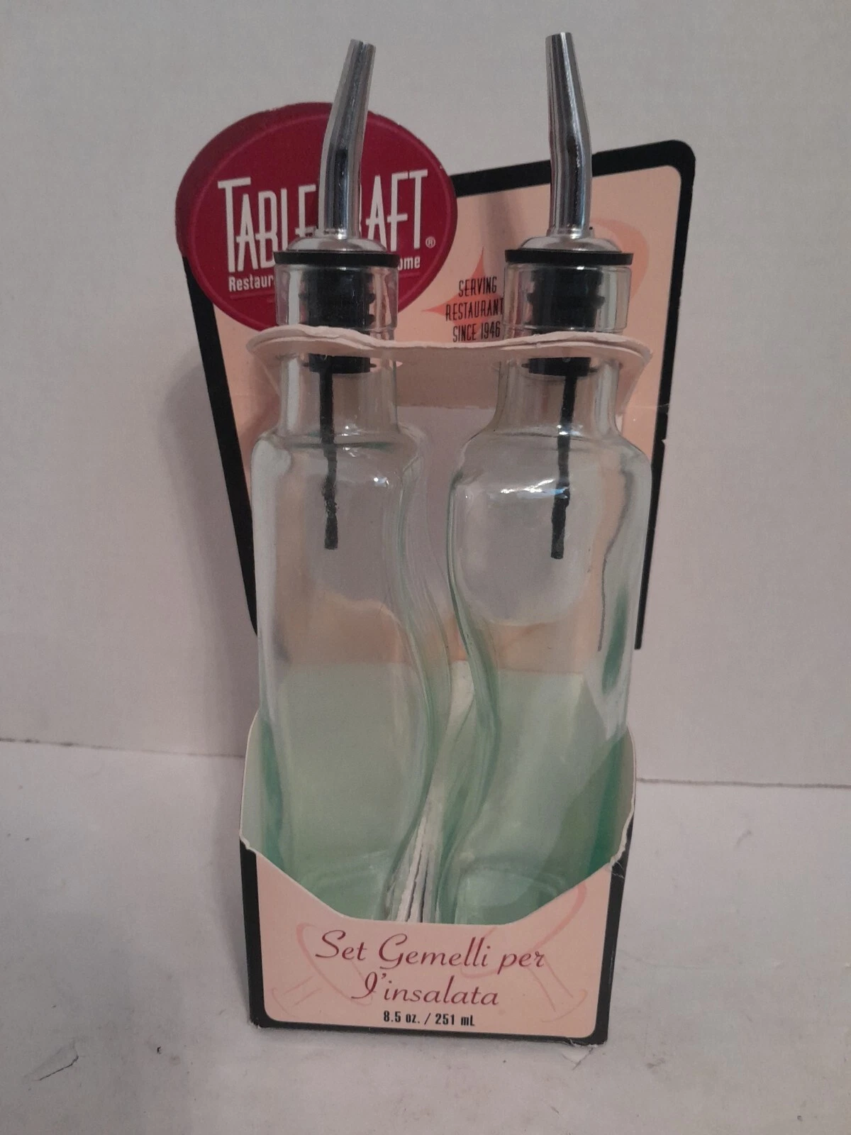 Tablecraft Gemelli Set Oil & Vinegar Bottles Green Tinted 8.5 Oz