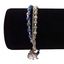Beaded Elephant Charm Bracelet Multi Strand Blues Silver Tone Dainty Good Luck