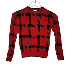 Charter Club Girls Sweater M Red Black Plaid Crew Neck Holiday Christmas