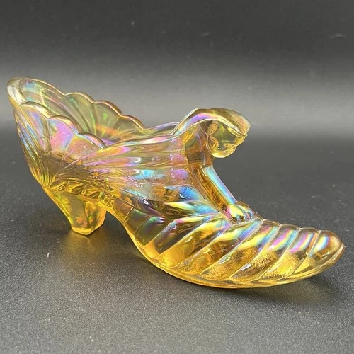 Vtg Fenton Amber Gold Carnival Iridescent Swirl Cat Glass Slipper Shoe Marked