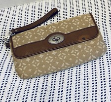 VTG Fossil Jacquard Diamond Pattern Turn-Lock Wallet Tan Brown Leather Trim