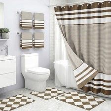 Bathroom Sets with Shower Curtain and Rugs 8 Pcs, Stripes Brown