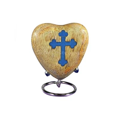Fait à la Main en Bois Cœur Souvenir Urne Avec Croix Inlay Petit Ashes Religiou - Photo 1/2