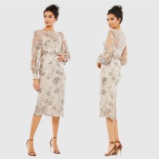 MAC DUGGAL Embellished High Neck Illusion Long Sleeve Midi Dress Size 12 NWT