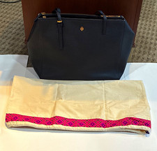 Tory Burch Emerson Navy Large Zip Top Tote Gold Hardware Logo W/Dust Bag