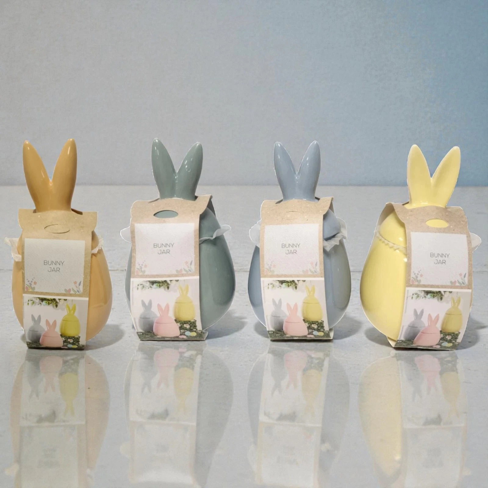 Bunny Storage Jar Ceramic Ornament Yellow Green Grey & Orange Spring Home Displa