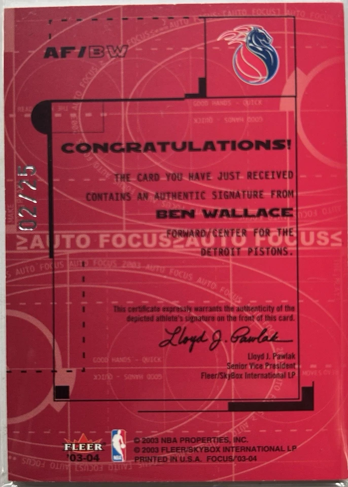 2003-04 Fleer Focus Ben Wallace prata automática/25 pistões assinatura automática - Imagem 2 de 2