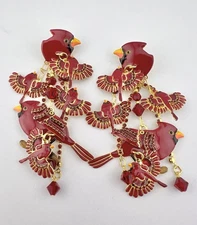 HUGE 4" Vtg LUNCH AT THE RITZ Rhinestone Red Cardinal Bird Post Dangle Earrings
