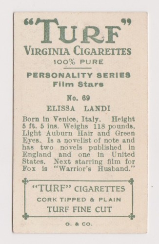 Tarjeta de tabaco Elissa Landi 1933 Turf Personality Series estrellas de cine #69 - Imagen 2 de 2