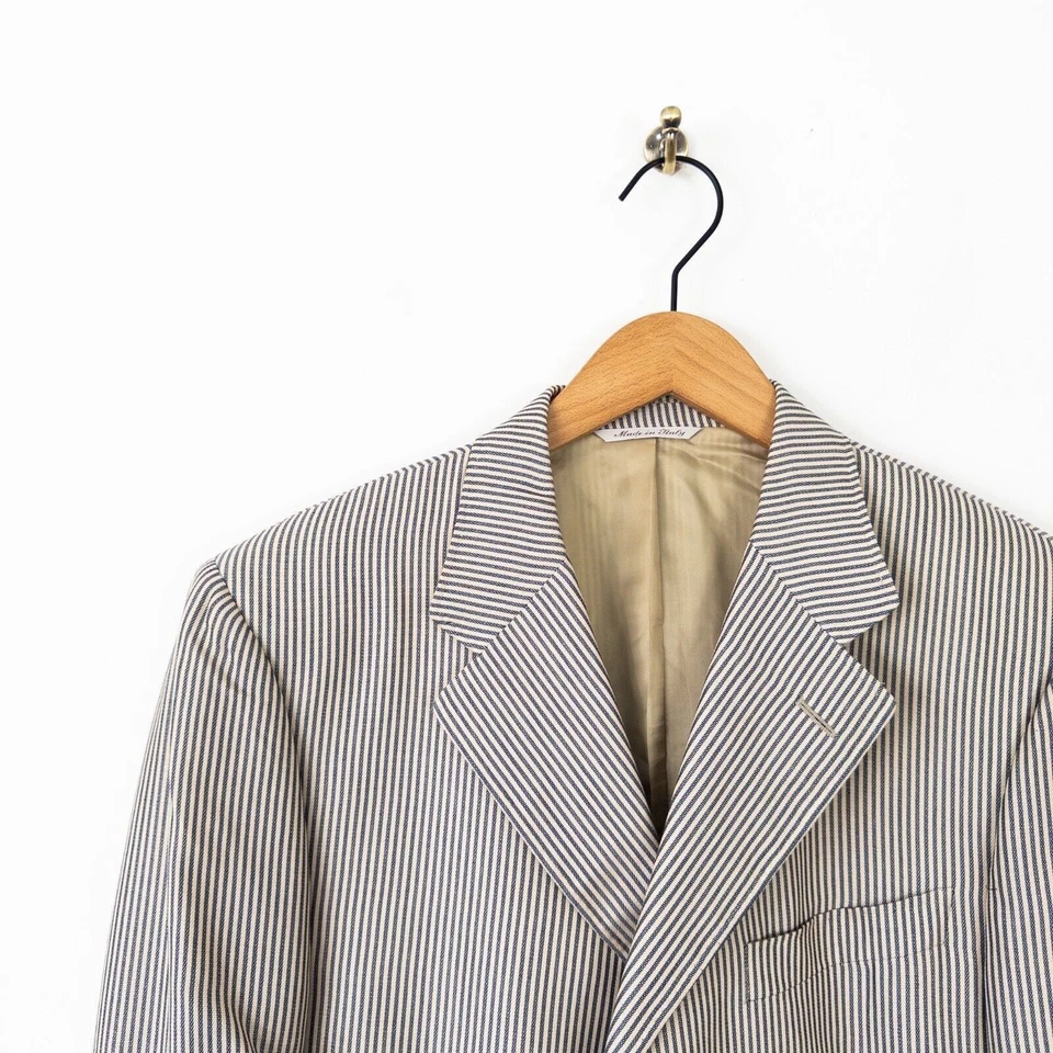 Chaqueta Blazer CANALI Algodón Cachemira Seda Azul Crema Rayas Tejida Talla 44 54 Foto 2 de 4