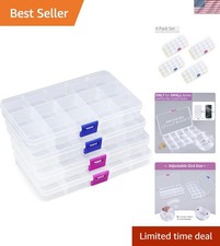 Clear Plastic Bead Organizer - 4 Count Small Containers with Adjustable Grids