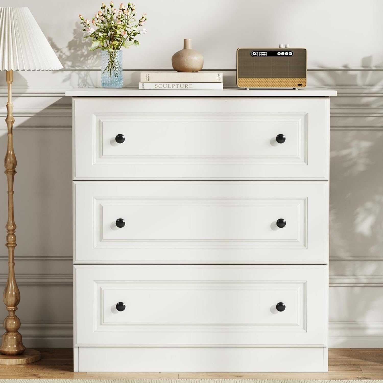 White Wood 3-Drawer Bedroom Dresser with Wooden Frame  