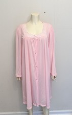 VINTAGE VANITY FAIR PINK BUTTON UP NYLON GOWN ROBE LACE EMBROIDERY TRIM XL