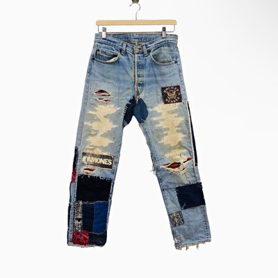 Levi's Mens Jeans S L30 Tapered Blue Light Wash Distressed Patchwork Punk