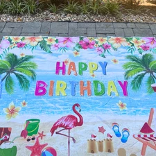 Tropical Beach Happy Birthday Backdrop 8x6ft | Flamingo Hawaiian Summer Party