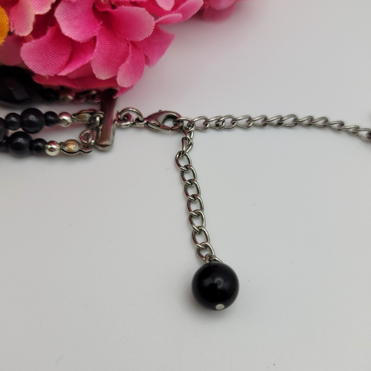 Multi Shape Black Faceted Beads Three Strand Layered Necklace 21 Adj Silver Tone View 4
