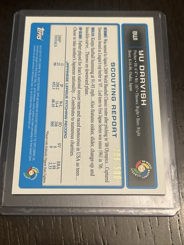 2009 Bowman World Baseball Classic Blue - YU DARVISH - 308/500 - Picture 2 of 3