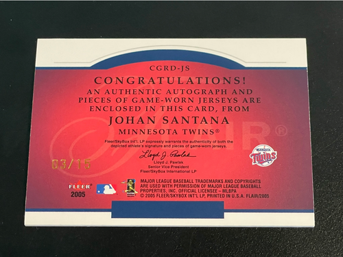 2005 Fleer Flair Johan Santana Cuts & Glory Jersey Patch Auto /15 - Picture 2 of 2