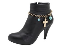 Women Gold Metal Chain Boot Bracelet Anklet Shoe Cross Charm Turquoise Religious