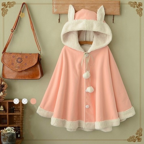 Lady Girls Cloak Cape Coat Winter Fleece Ear Hooded Baggy Poncho Kawaii - Picture 6 of 7