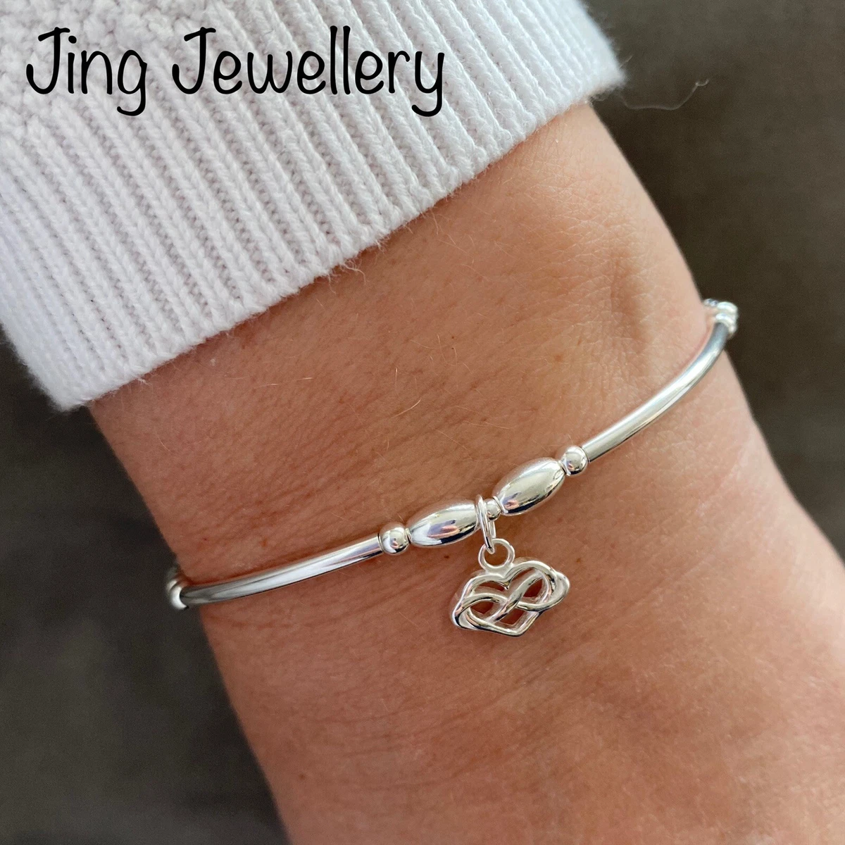 Sterling Silver Beaded Stretch Stacking Noodle Bead Bracelet With Heart Charm