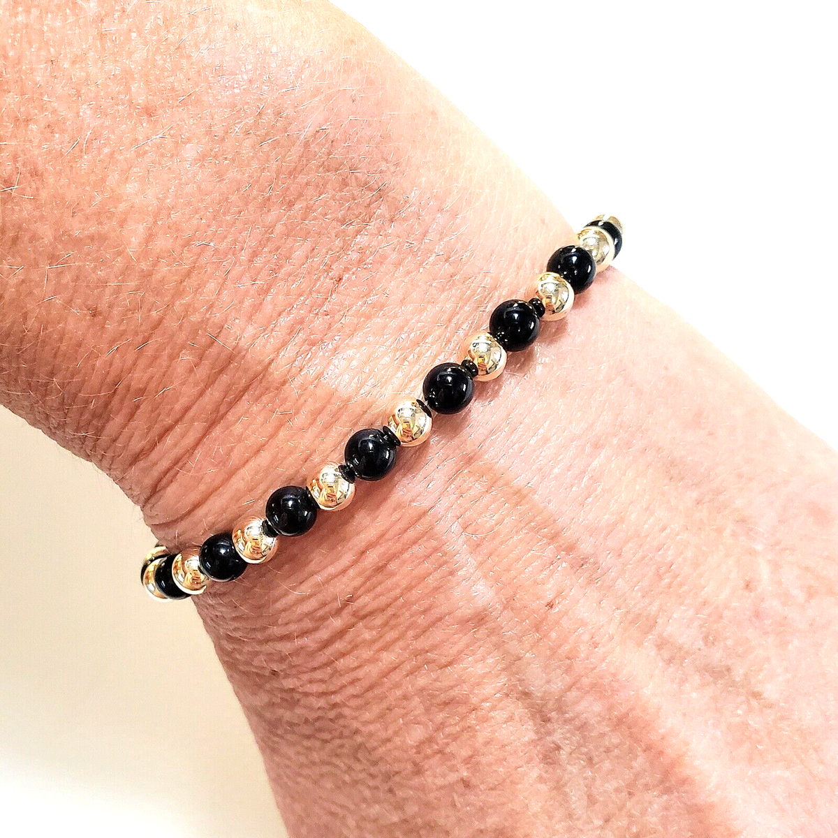 5mm Onyx 14k Solid Yellow or Rose Gold Bead Black Bracelet Lobster
