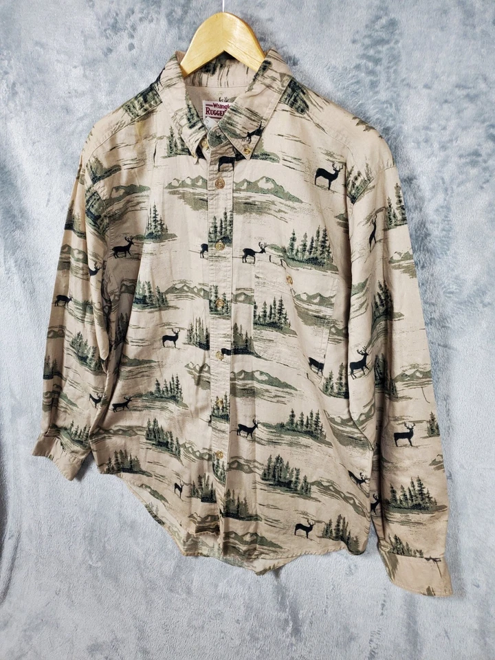 Wrangler Western Shirt Mens Large Beige Button Down Deer Print Rugged Wear - Image 2 of 4