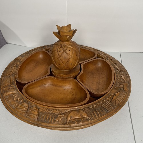 VTG Teak Tiki Tray Lazy Susan Pineapple Hand Carved Monkey Pod Wood Bottom Part - Picture 5 of 12
