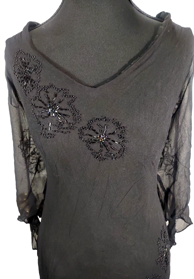 Vintage 90s Silk Beaded Midi Dress Whimsigoth Witchy Gothic Fairy Grunge Sz 16 - Image 2 of 4