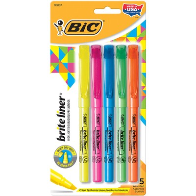 BIC Brite Liner Highlighters, Chisel Tip, Assorted Colors,Pack of 5