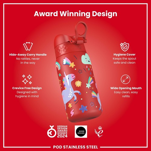 Leak Proof Kids Water Bottle, Stainless Steel, Red Unicorns, 400ml (13oz) - 第 6/7 張圖片