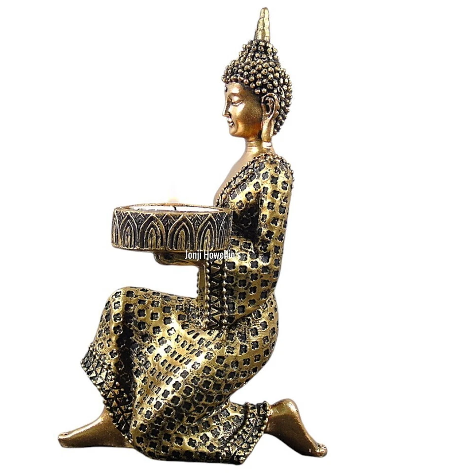 Thai Buddha Candle Holder Meditating Ornament Gold Sculpture Tea Light Zen Home - Image 3 of 4