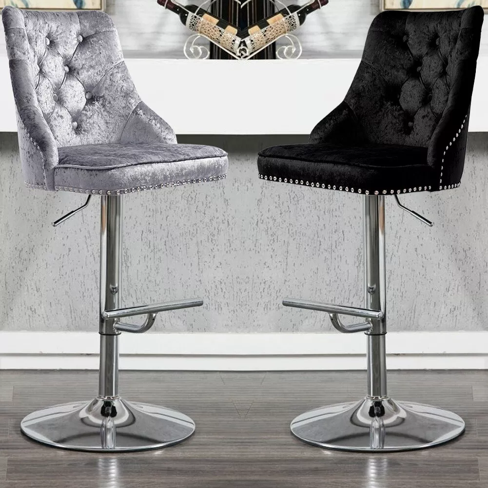 Crushed Velvet Swivel Bar Stool Button Back Upholstered Gas Lift