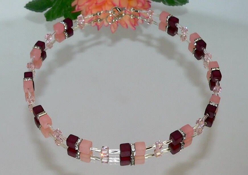 Halskette Kette bordeaux rot lachs rosa facettierte Würfel Glas Strass 362L - Bild 4 von 4