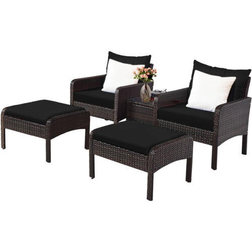 5PCS Patio Rattan Wicker Furniture Set Sofa Ottoman Coffee Table Cushioned Black