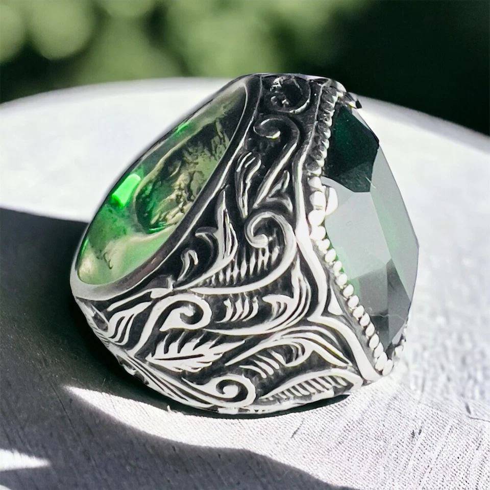 925 Argento Sterling Verde Zircone Floreale Lusso Design Uomo Anello - Immagine 4 di 4