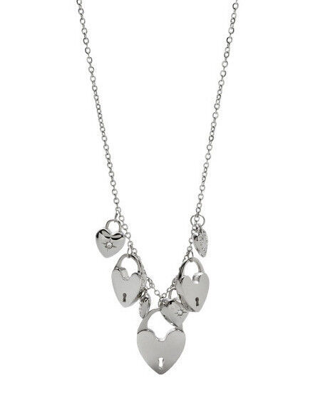 Fossil BRAND Heart Padlock Multi Pendant Necklace Silver Stainless 
