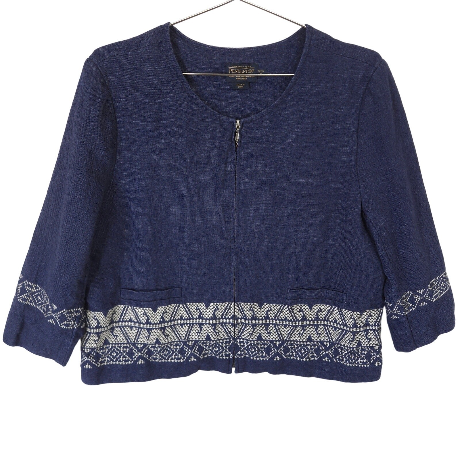 Pendleton Jacket Womens XL Petite Blue 100% Linen Boho Embroidered Full Zip Top