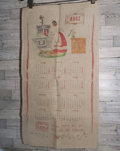 1966 Calendar Vintage Linen Victorian Woman Wood Stove Cat Kitchen Tea Towel - Picture 4 of 4