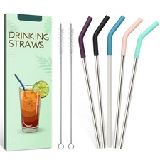 5 Silver Steel Straws, Reble, With Silicone Tips And 2 Cleaning Brushes