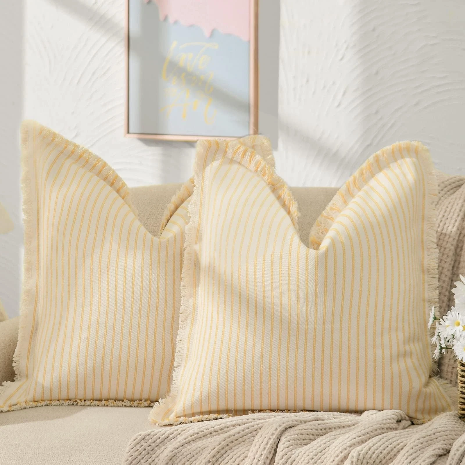 Throw Pillow Covers 18x18 Set of 2 Striped Pillow Covers with Fringe Chic Cot...