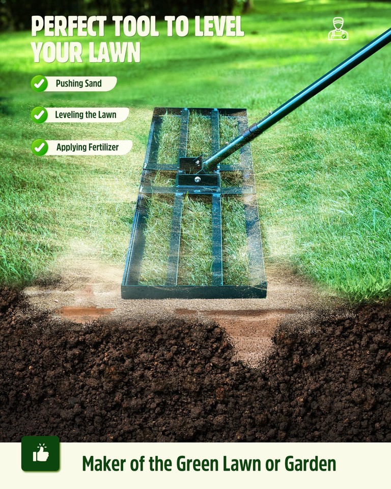 Lawn Leveling Rake,Stainless Steel Lawn Leveler with 45”x10” Ground ...