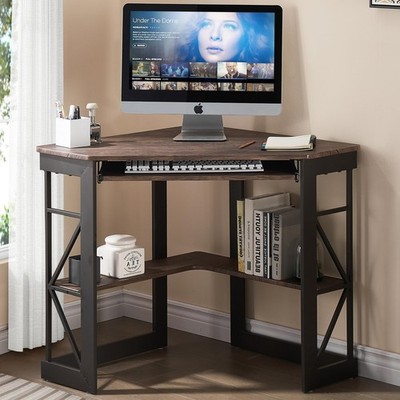 Corner Desk Computer Writing Table Keyboard Tray Storage Shelves Rustic Brown