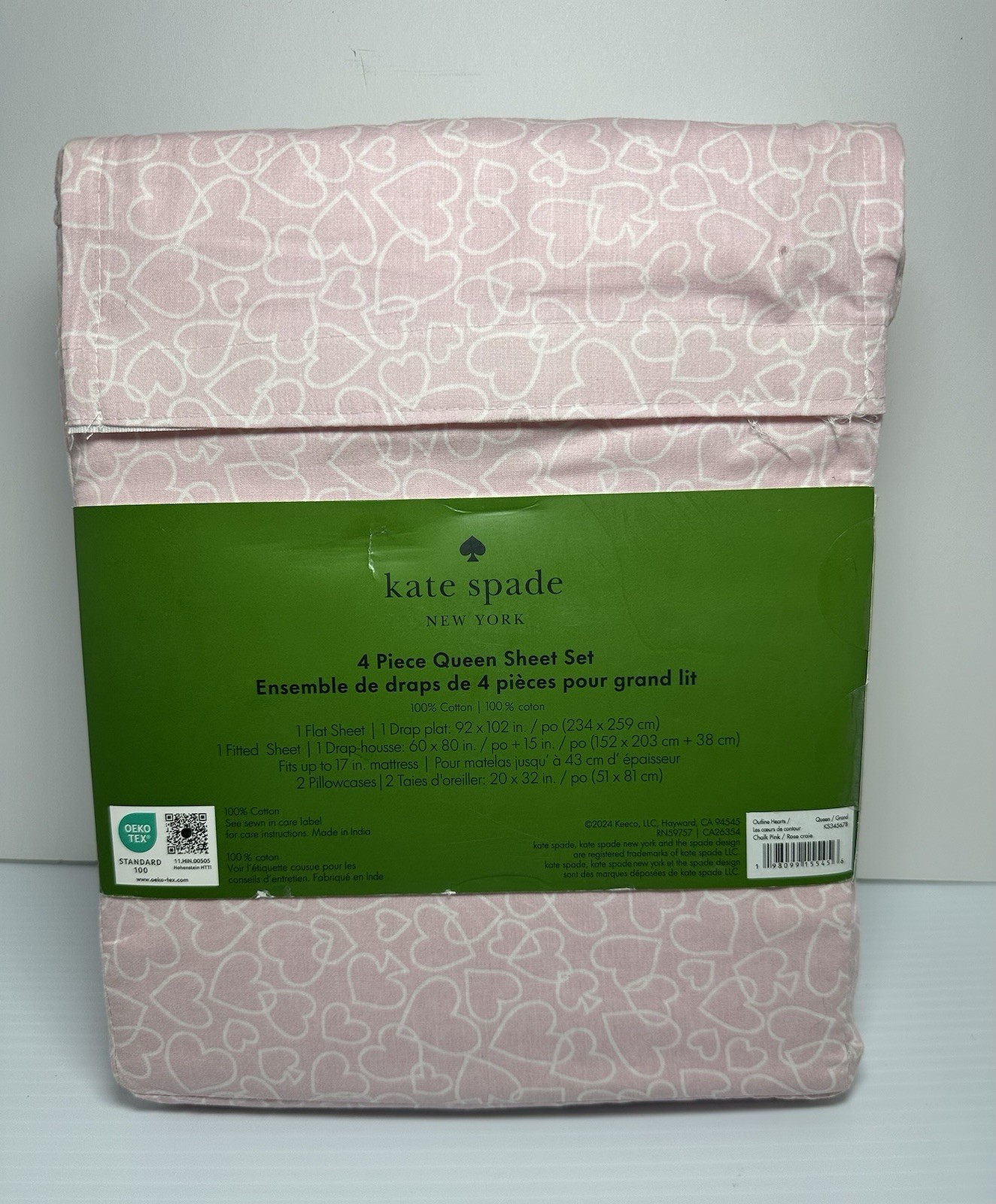 Kate Spade Queen Sheet Set 100% Cotton Percale Chalk Pink  Outline Hearts White thumbnail 4