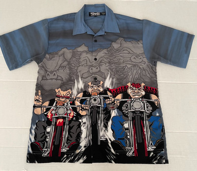 Vtg Size Large Dragonfly Clothing Pig Hawg Motorcycle Club Button Up Shirt