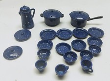 Vintage 1:12 Dollhouse Enamelware Blue Speckled Kitchen Pots Pans Plates Mugs