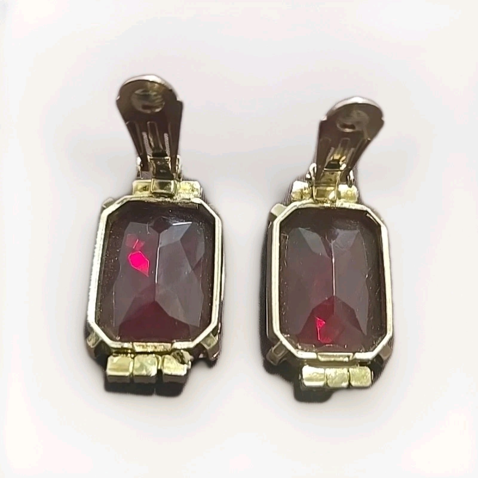 Statement Large Ruby Colored Glass Clip On Earrin… - image 2
