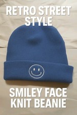 Smiley Face Beanie Youth One Size Blue Acrylic Knit Cuff Winter Streetwear