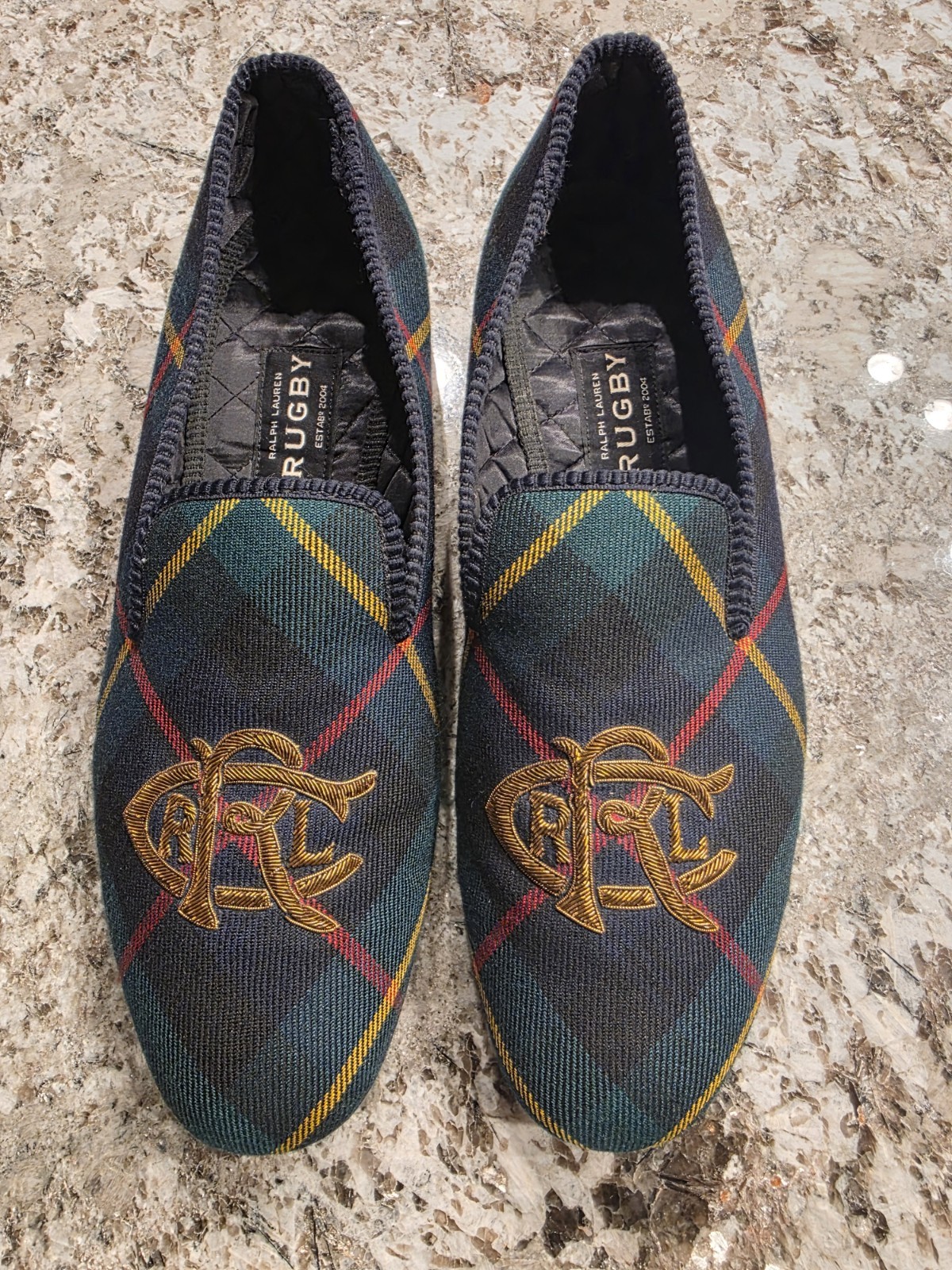 PANTOFOLA D’ORO Ciabatta Rugby Ralph Lauren tartan a quadri con lingotti dorati RRLC taglia 11 US