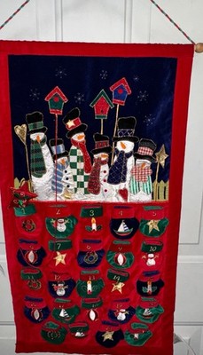 Advent Calendar Velvet Snowmen Mitten Pockets Birdhouses Wall Hanging 28 X 15 